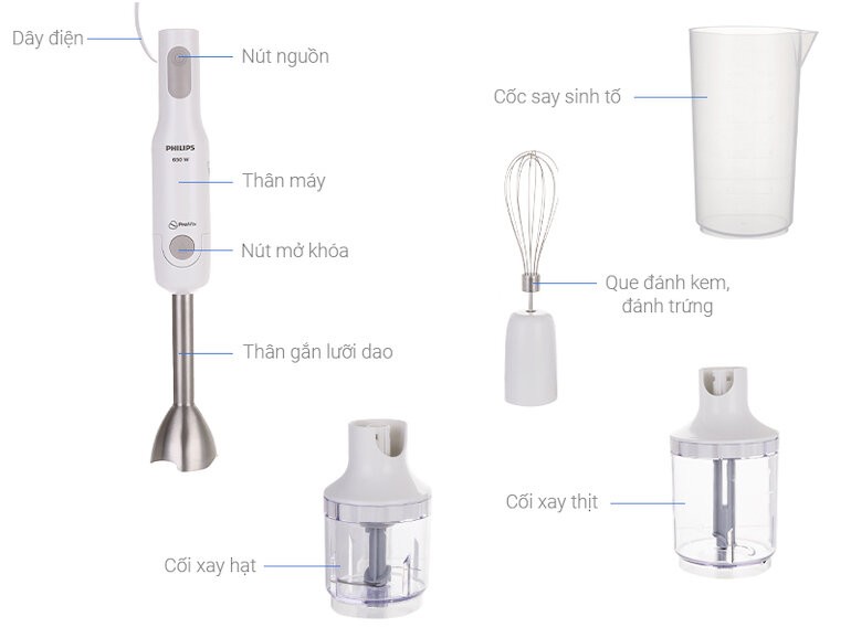 Trọn bộ phụ kiện đa năng của máy xay sinh tố cầm tay Philips HR2537