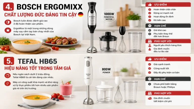 So sánh Bosch ErgoMixx và Tefal HB65 máy xay cầm tay đáng mua năm 2026