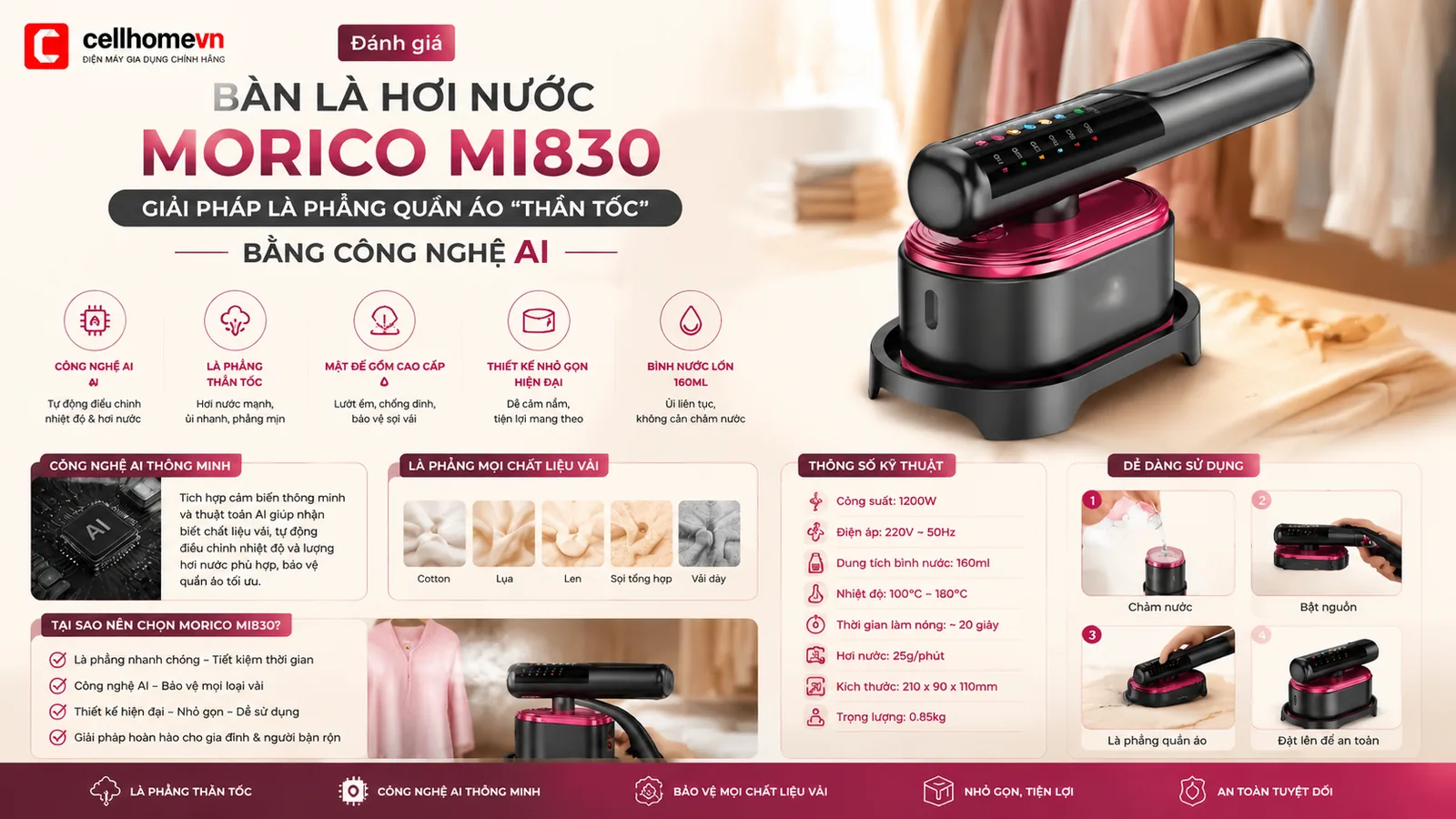 Đánh giá bàn là hơi nước Morico MI830: Giải pháp là phẳng quần áo “thần tốc” bằng công nghệ AI
