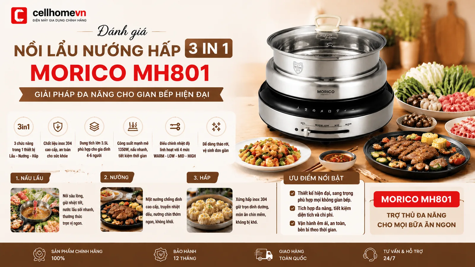 Đánh giá nồi lẩu nướng hấp 3 in 1 Morico MH801: Giải pháp đa năng cho gian bếp hiện đại