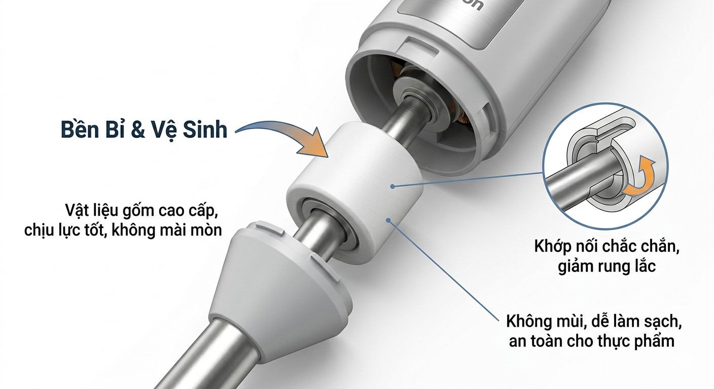 Chi tiết đầu nối ceramic bền bỉ của máy xay cầm tay Bosch MSM4B624 Series 4