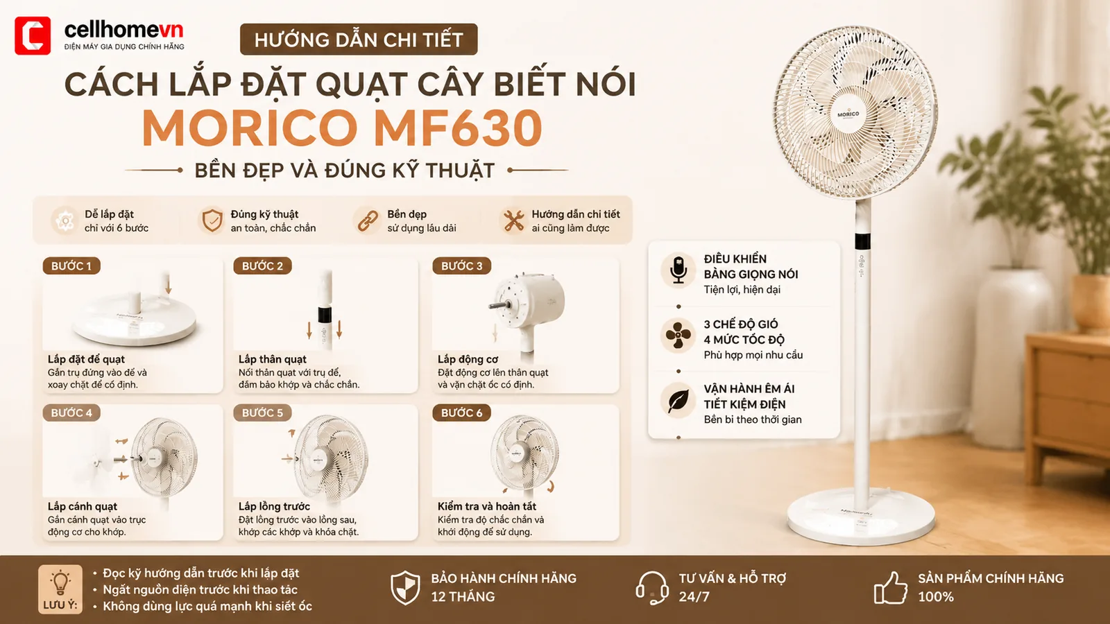 Hướng dẫn chi tiết cách lắp đặt quạt cây biết nói Morico MF630 bền đẹp và đúng kỹ thuật