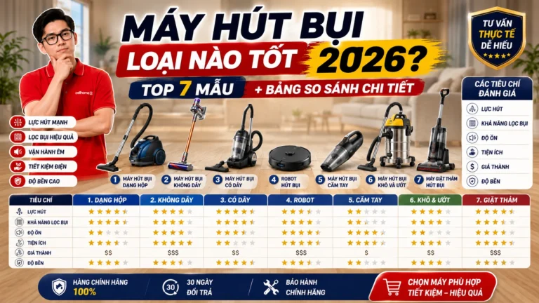 Máy Hút Bụi Loại Nào Tốt 2026? Top 7 Mẫu + Bảng So Sánh Chi Tiết