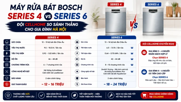 Máy Rửa Bát Bosch Series 4 vs 6 — Đội Cellhome So Sánh Thẳng Cho Gia Đình Hà Nội