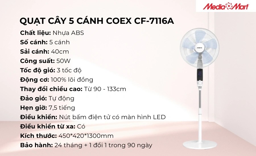 Model Coex CF-7116A sở hữu bảng điều khiển hiện đại và điều khiển từ xa tiện lợi