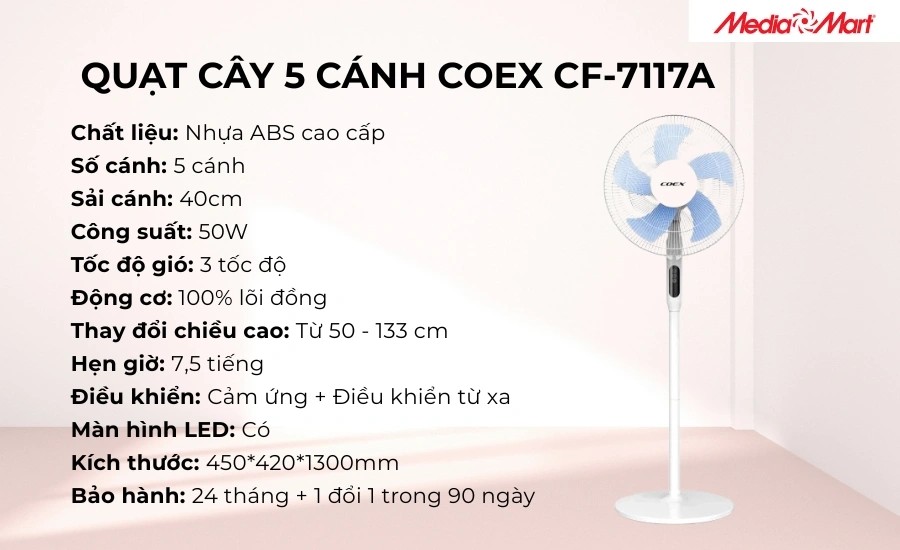 Quạt Coex CF-7117A có khả năng thay đổi chiều cao linh hoạt tùy mục đích sử dụng