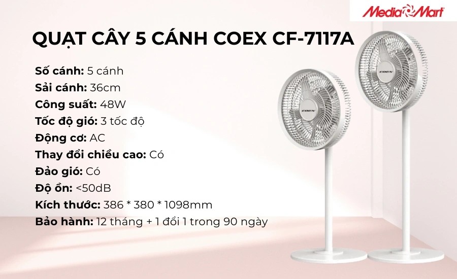 Quạt cây Coex CF-7121D với thiết kế màu trắng trang nhã phù hợp nhiều không gian
