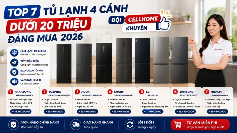 Top 7 Tủ Lạnh 4 Cánh Dưới 20 Triệu Đáng Mua 2026 — Đội Cellhome Khuyên