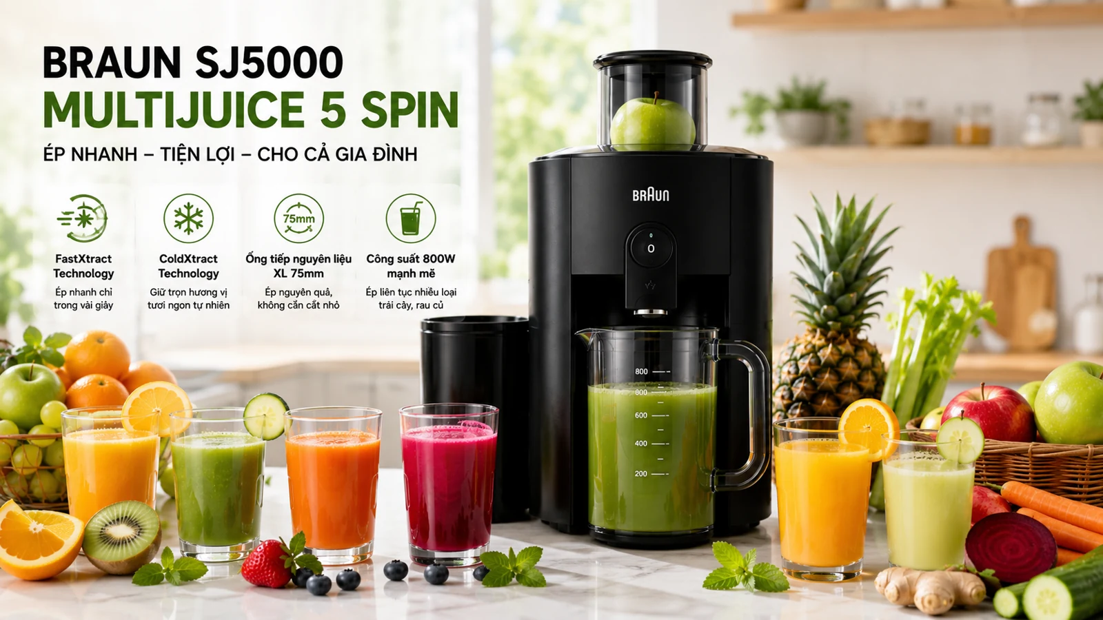 Braun SJ5000 MultiJuice 5 Spin máy ép trái cây công suất 800W cho gia đình