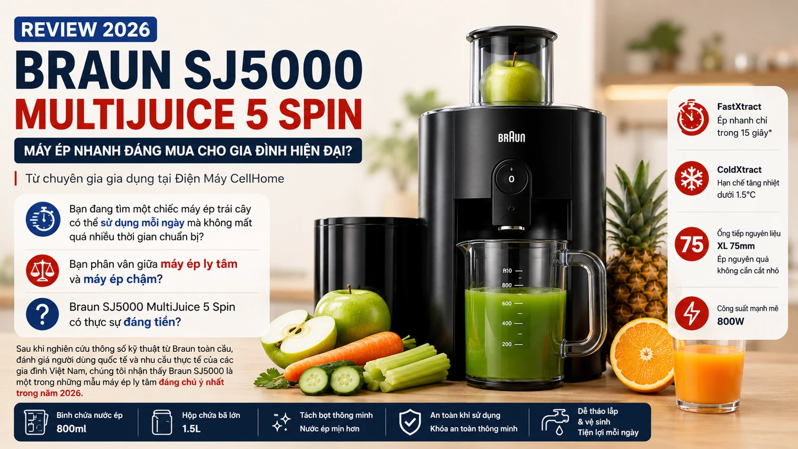 Review Braun SJ5000 MultiJuice 5 Spin 2026: Máy Ép Nhanh Đáng Mua?