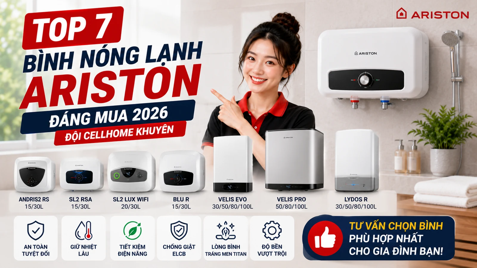 Top 7 Bình Nóng Lạnh Ariston Đáng Mua 2026 — Đội CellHome Khuyên