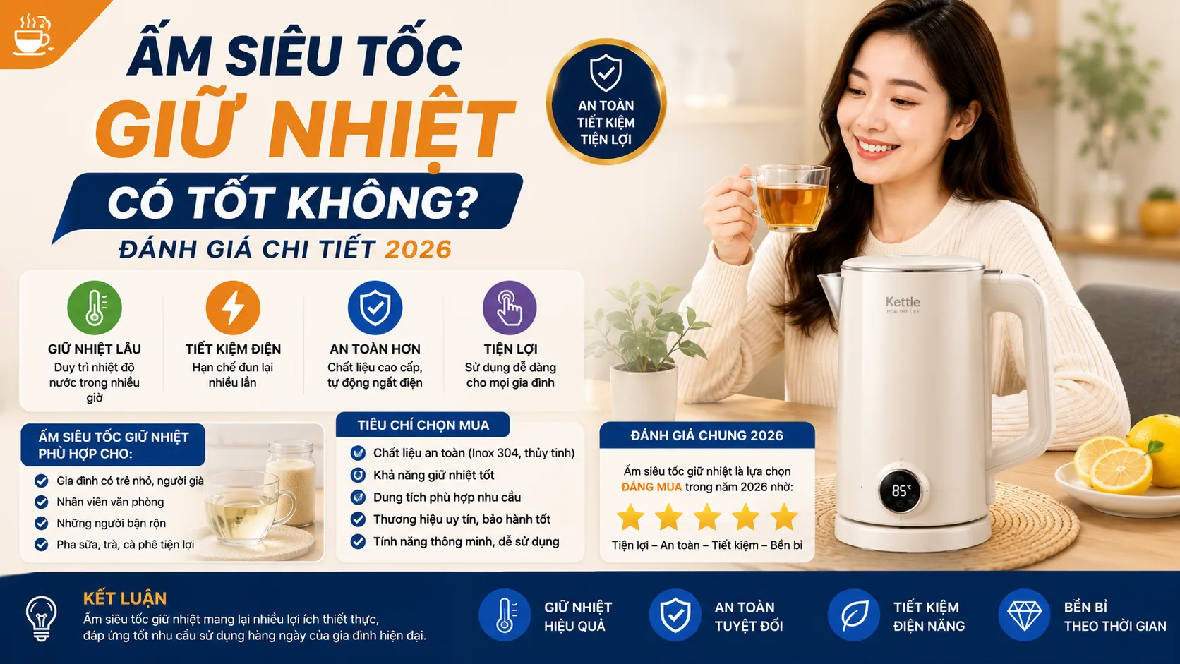 Ấm siêu tốc giữ nhiệt có tốt không đánh giá chi tiết năm 2026