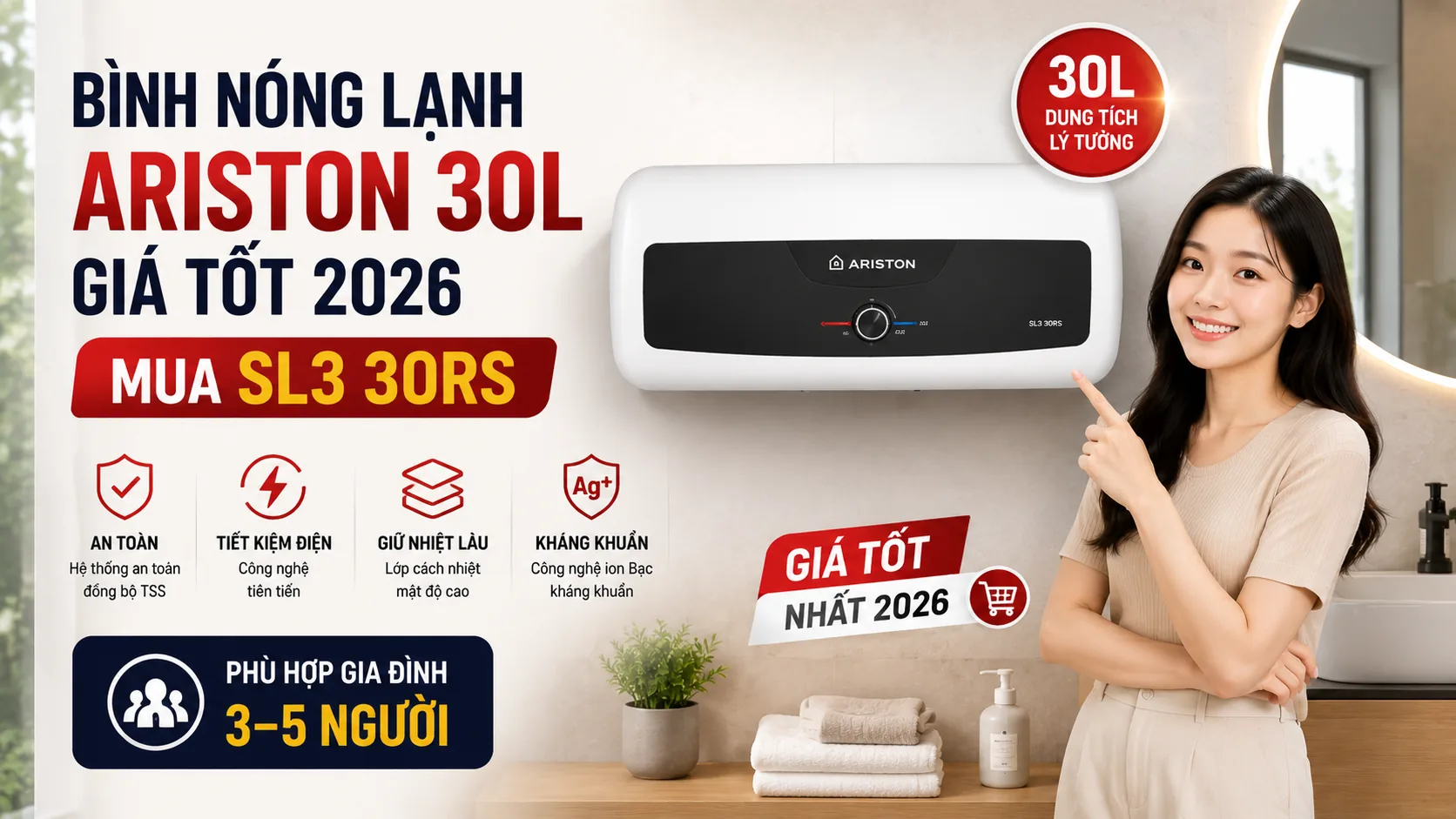 Bình Nóng Lạnh Ariston 30L Giá Tốt 2026 - Mua SL3 30RS