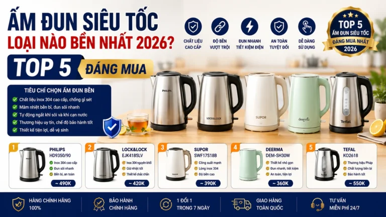 Ấm đun siêu tốc loại nào bền nhất năm 2026 top 5 mẫu đáng mua tại CellHome