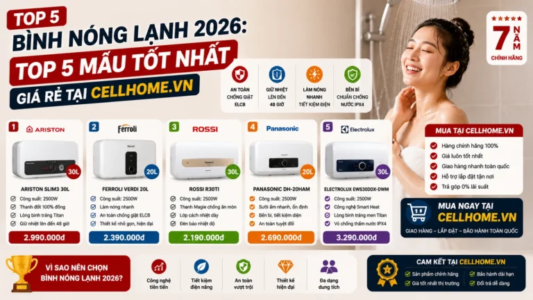 Bình nóng lạnh 2026: Top 5 mẫu tốt nhất – Giá rẻ tại Cellhome.vn