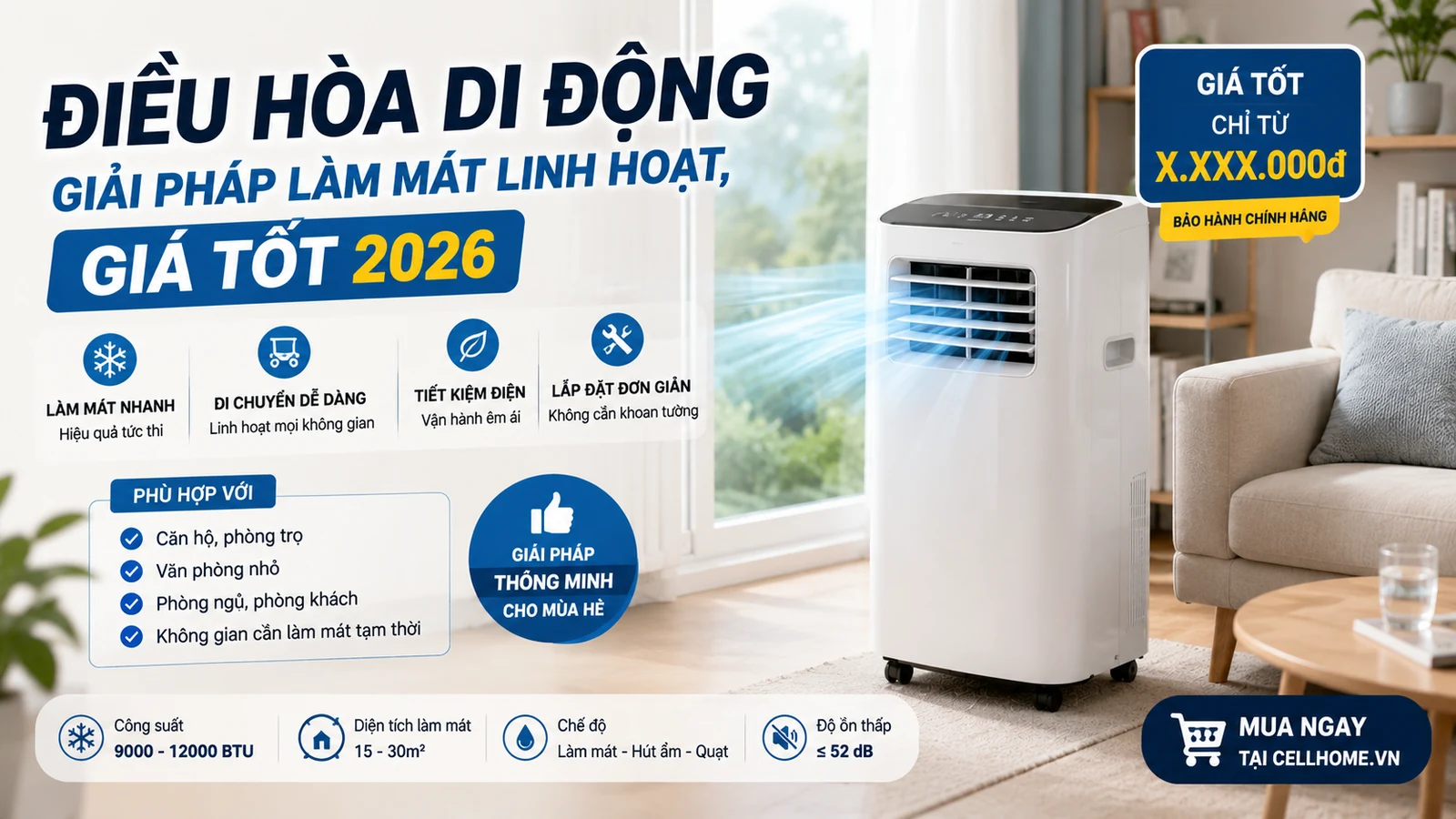 Điều hòa di động giải pháp làm mát linh hoạt giá tốt năm 2026