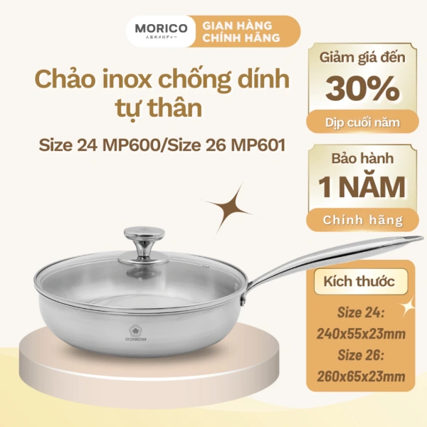 Chảo INOX chống dính tự thân không cần tôi Morico MP600 size 24