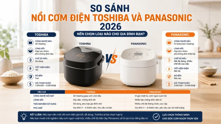 so sánh nồi cơm điện Toshiba và Panasonic 2026