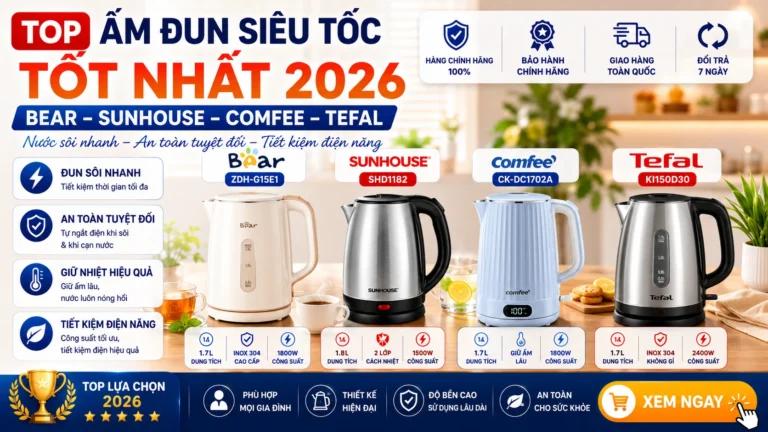 Top ấm đun siêu tốc tốt nhất 2026: Bear, Sunhouse, Comfee, Tefal – Cellhome