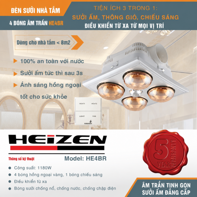 Đèn sưởi nhà tắm Heizen HE4BR 4 bóng âm trần