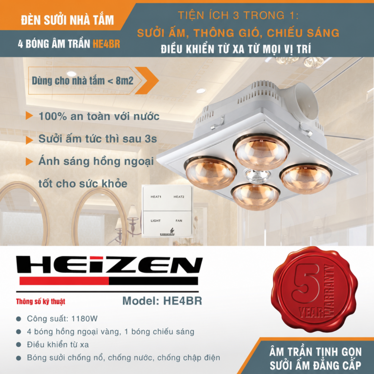 Đèn sưởi nhà tắm Heizen HE4BR 4 bóng âm trần