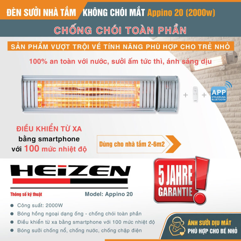 Đèn sưởi không chói mắt Heizen 2000W có điều khiển từ xa bằng Smartphone Appino 20