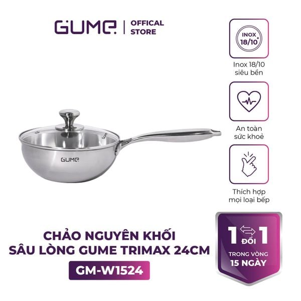 Chảo inox 18/10 nguyên khối cao cấp Gume Size 24cm