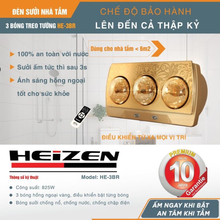 Đèn sưởi nhà tắm Heizen HE-3BR 3 bóng có điều khiển từ xa