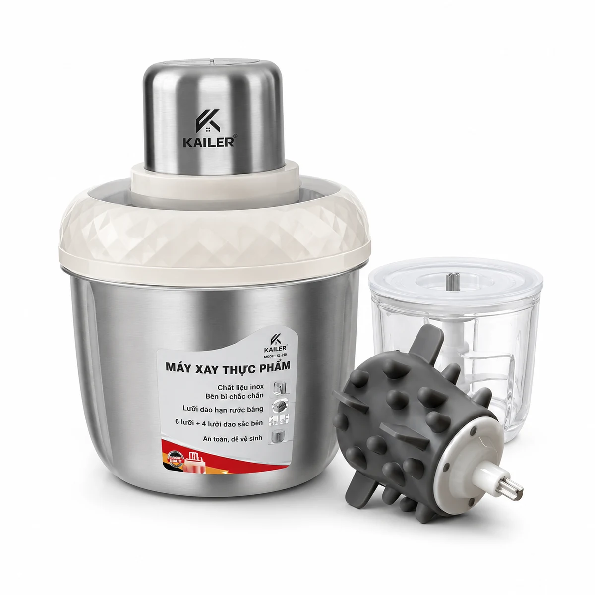 Máy xay thịt Kailer KL-230 2 cối có lõi đánh ruốc, bóc tỏi - máy xay sinh tố cầm tay