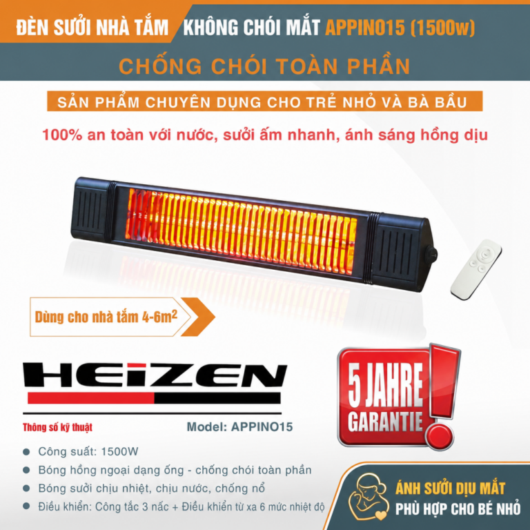 Đèn sưởi không chói mắt Heizen 1500W có ĐKTX 6 mức APPINO15