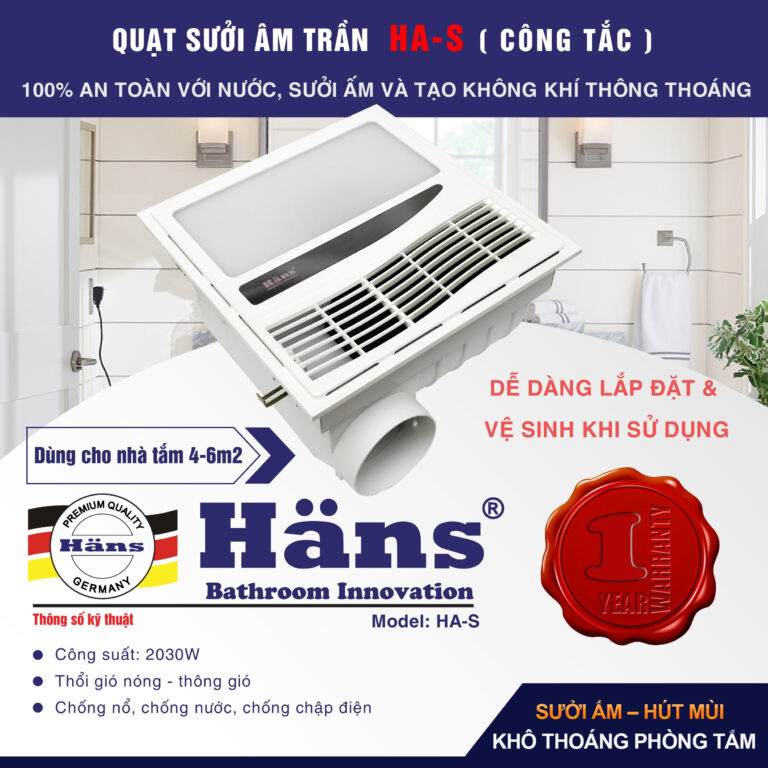 Quạt thông gió kèm sưởi thổi âm trần – công tắc HA-S