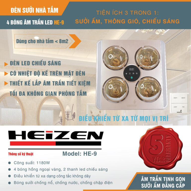 Đèn sưởi 4 bóng Heizen LED âm trần có ĐKTX HE-9