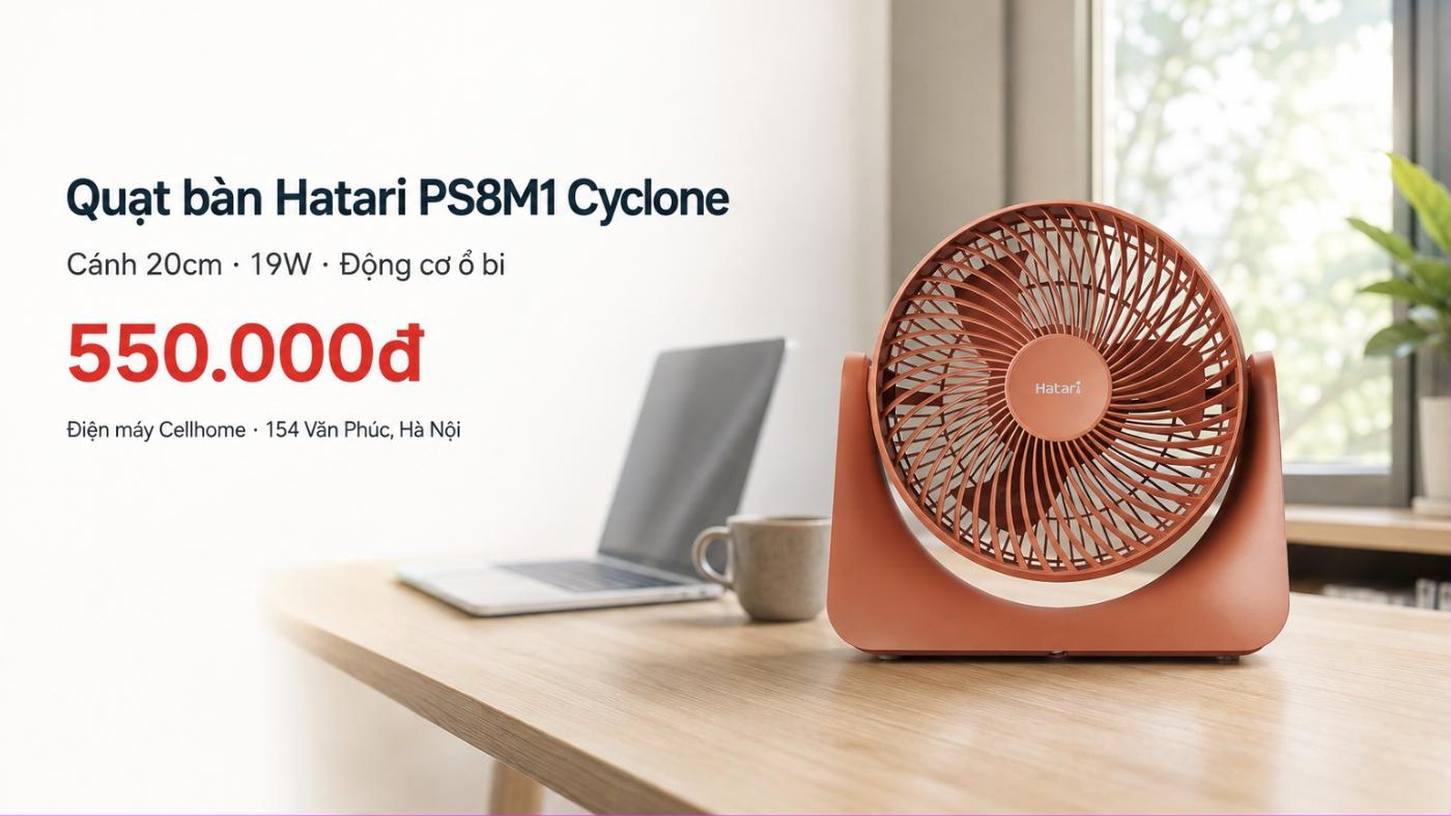 Quạt bàn Hatari PS8M1 Cyclone cánh 20cm 19W đặt trên bàn làm việc, giá 550.000đ tại Điện máy Cellhome