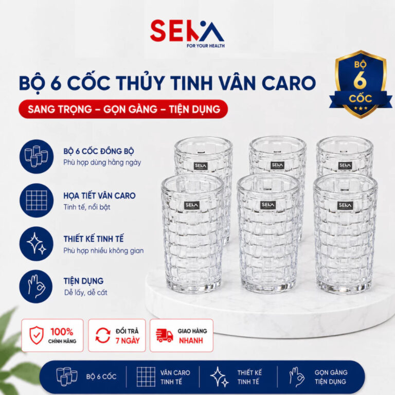 Bộ 6 cốc thủy tinh vân caro SEKA 350ml (Màu trắng) – SKT35S6
