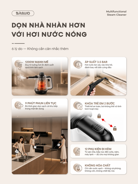 Máy làm sạch bằng hơi nước đa năng Bravio Nova S12 – Tiêu chuẩn