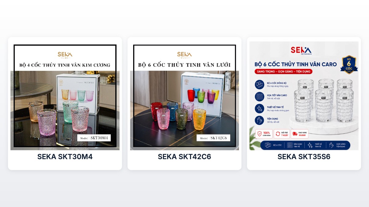Ba bộ cốc thủy tinh SEKA SKT30M4, SKT42C6 và SKT35S6 trên ảnh giới thiệu của hãng