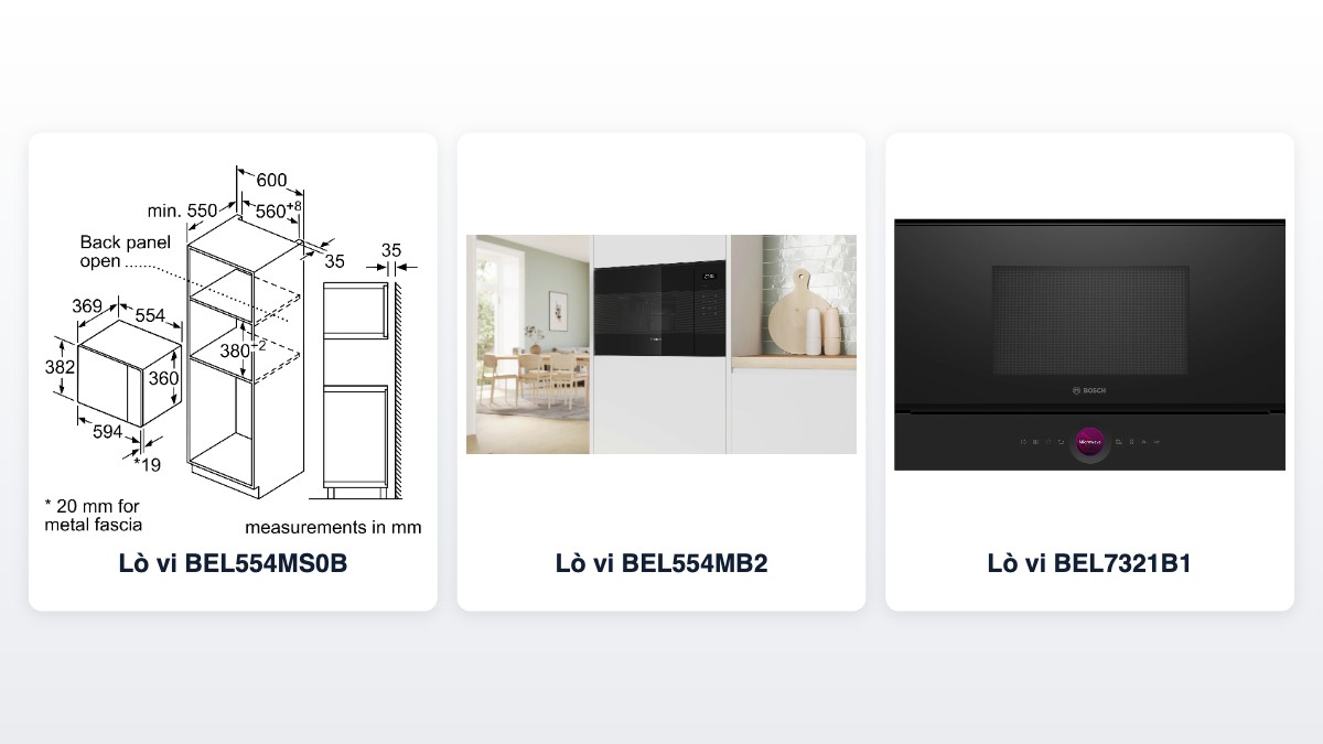 Ba lò Bosch BEL554MS0B, BEL554MB2 và BEL7321B1 kèm bản vẽ kích thước hốc tủ