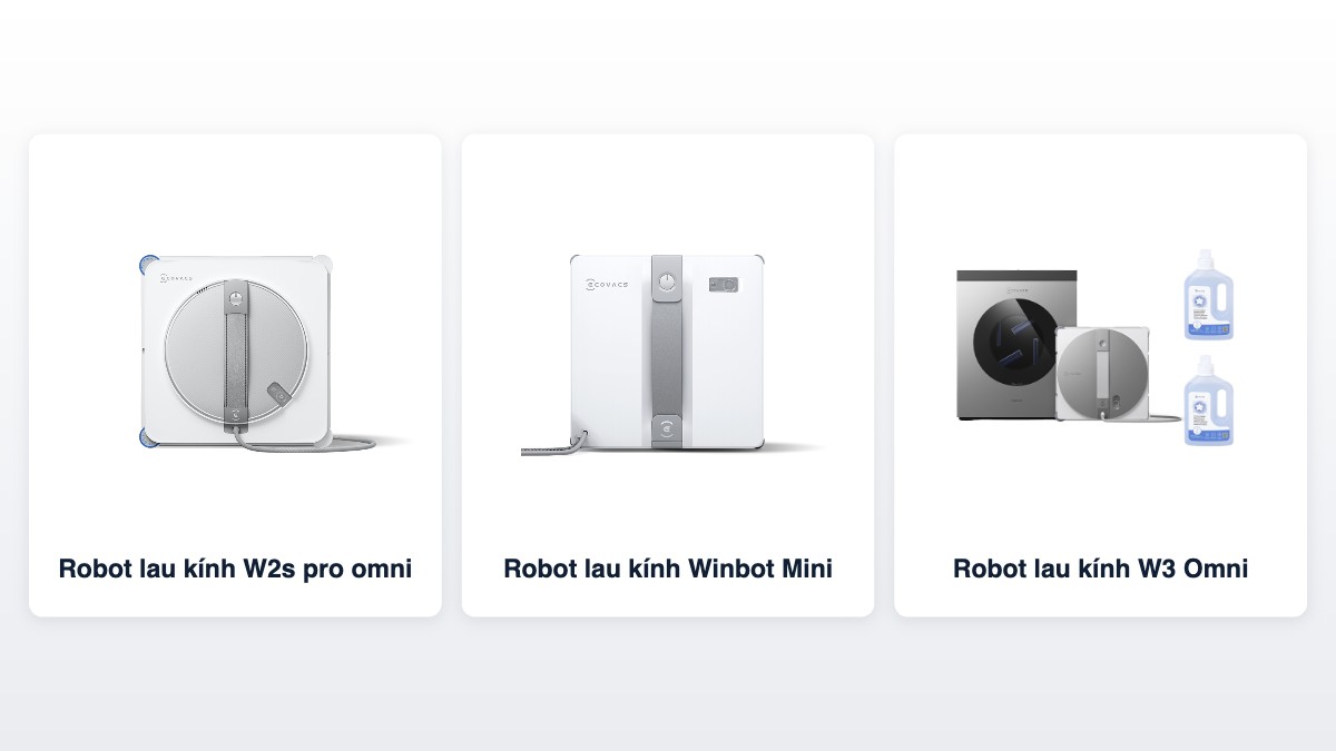 Ba robot lau kính Ecovacs nhìn ở các góc khác nhau để so sánh kích thước thân máy