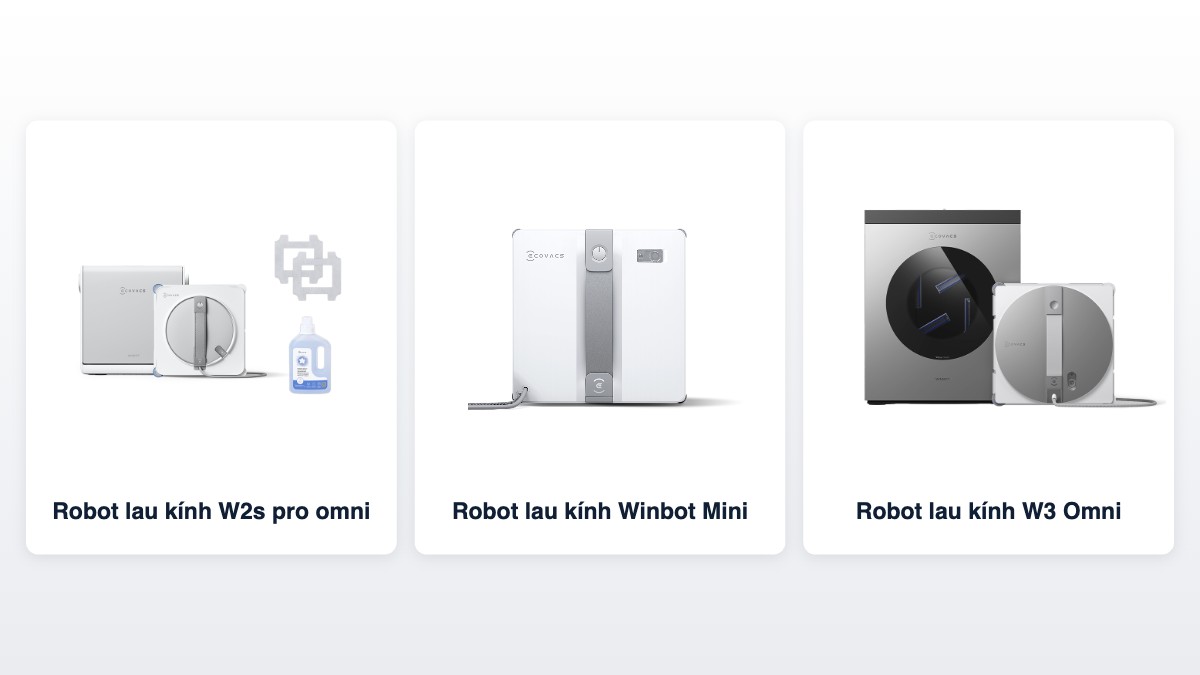 Ba robot lau kính Ecovacs kèm phụ kiện đi theo máy: trạm, khăn lau và dung dịch