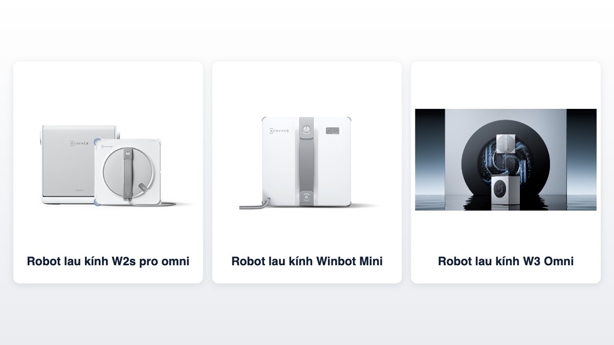 Ba robot lau kính Ecovacs bán tại Cellhome: Winbot W2S Pro Omni, Winbot Mini và W3 Omni