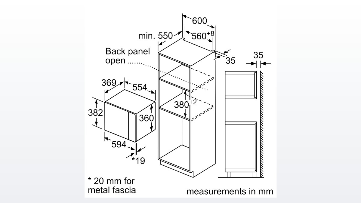Bản vẽ kích thước hốc tủ để lắp lò vi sóng Bosch BEL554MS0B, số đo tính bằng milimet