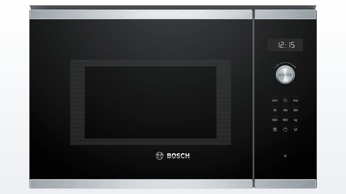 Lò vi sóng âm tủ có nướng Bosch BEL554MS0B, mặt kính đen viền inox và núm xoay tròn