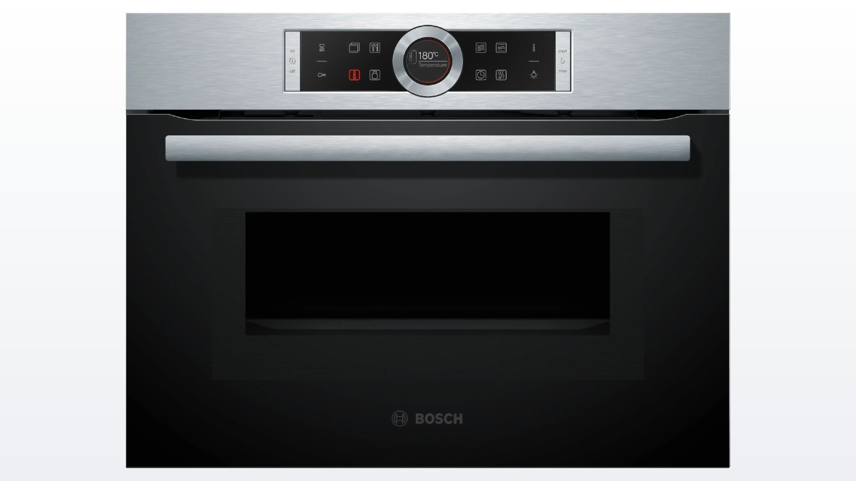 Lò nướng kết hợp vi sóng Bosch CMG633BS1B nhìn chính diện, viền inox và núm xoay tròn