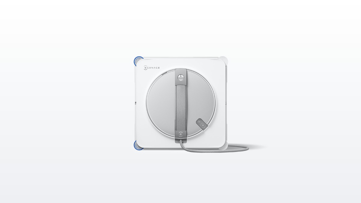 Robot lau kính Ecovacs Winbot W2S Pro Omni nhìn chính diện, mặt tròn xoay giữa thân