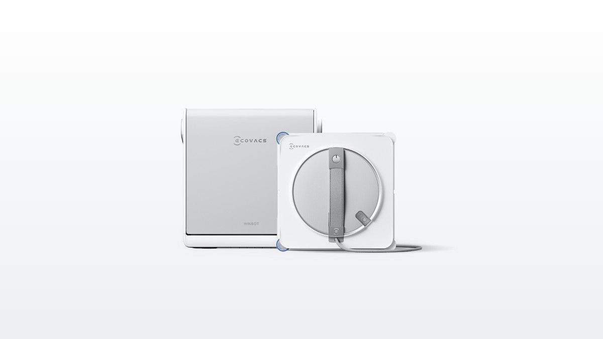 Robot lau kính Ecovacs Winbot W2S Pro Omni màu trắng đặt cạnh trạm sạc vuông