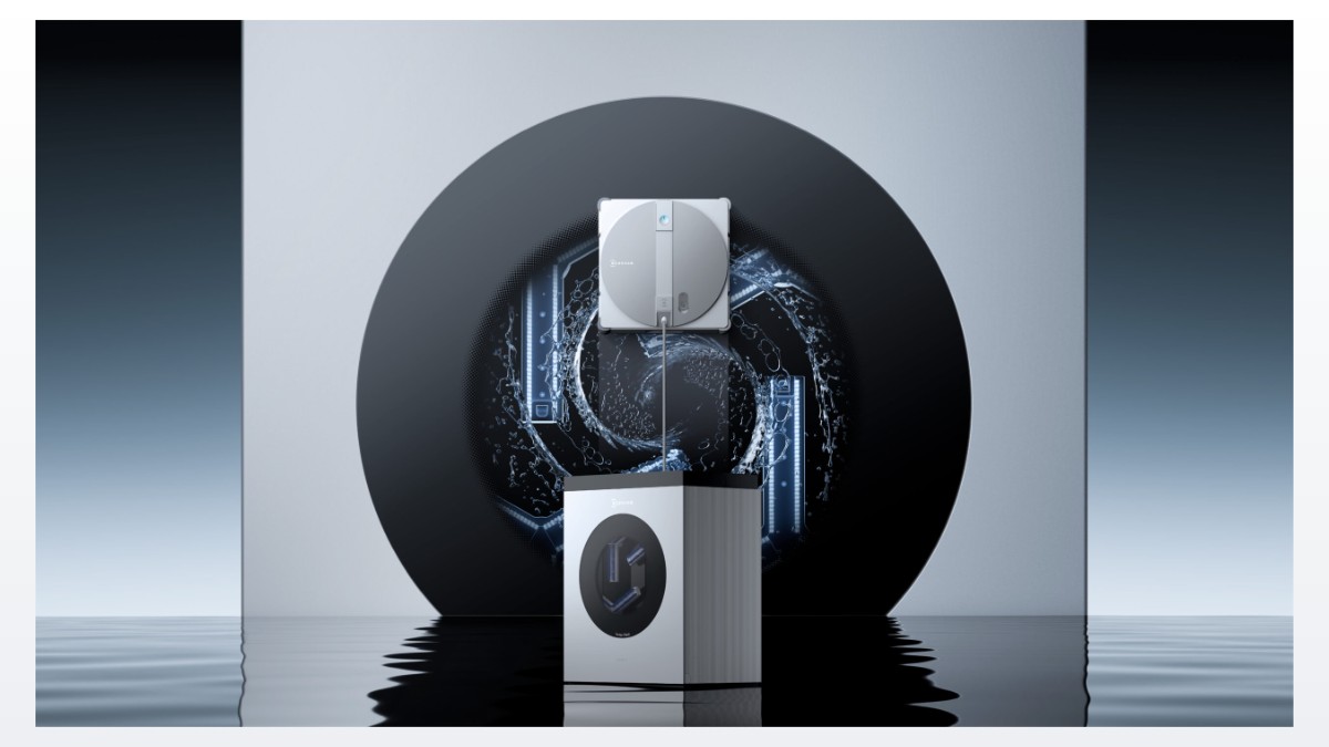 Robot lau kính Ecovacs W3 Omni trưng bày trên bục tròn, thân máy màu đen