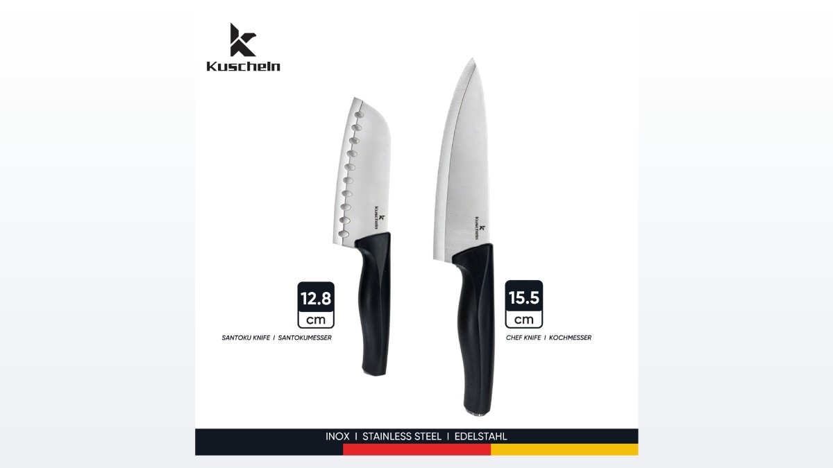 Hai dao của bộ KUSCHELN KSK24-2C: dao santoku 12,8 cm và dao đầu bếp 15,5 cm