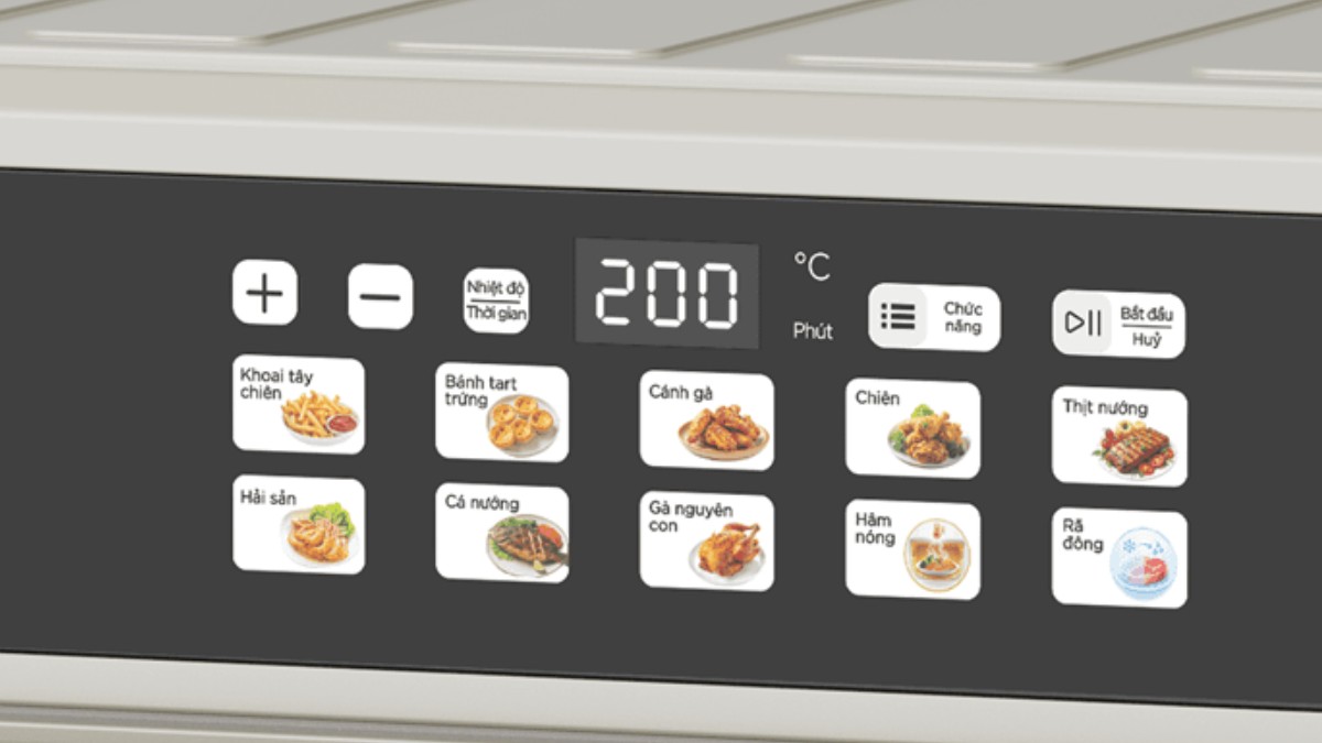 Bảng điều khiển Morico MA708 với 10 phím menu: khoai tây chiên, cánh gà, thịt nướng, rã đông