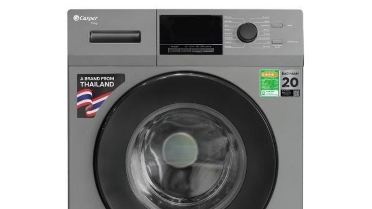 Nửa trên máy giặt Casper WF-105VG5 10.5kg: bảng điều khiển, ngăn chứa bột giặt và nhãn năng lượng