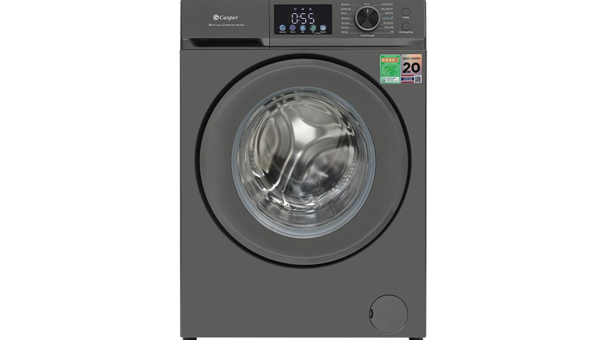 Máy giặt cửa ngang Casper WF-D125VGR1 12.5kg màu ghi, cửa kính tròn lớn và bảng điều khiển trên